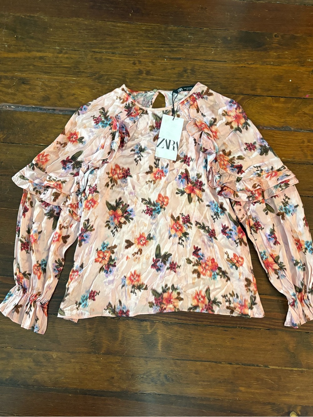 Zara Pink Floral Ruffle Long-Sleeve Blouse